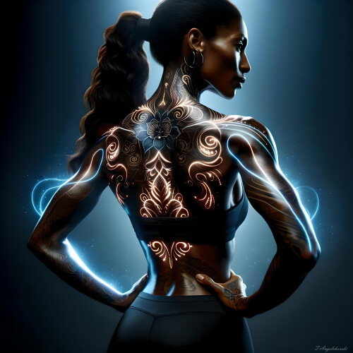 This portrait captures not just the physical power and beauty of an athletic woman but also the depth of her soul. The tattoos gracefully tracing her skin narrate tales of life, struggles, and victories. One, prominent on her back, stands out with an ethereal glow, creating a magical allure that captures the gaze. This image is a hymn to the strength of spirit and unwavering will, wrapped in the elegance of her posture. The simplified background accentuates and elevates her figure, making her the centerpiece of this portrait's universe.

Created using AI tools  

toni angelchovski © 2024 aiflux