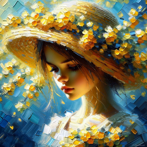 Immerse yourself in the vibrant tableau of 'Sunlit Serenade: A Muse Among Blossoms,' where a young muse becomes one with the radiant bloom of nature. Captured in the rich, impasto strokes that bring each petal and leaf to vivid life, she stands amidst a flurry of sunlit blossoms, her straw hat a whimsical crown bestowed by the earth itself. This painting is a celebration of natural beauty and youthful grace, contrasting the delicate softness of the flowers with the dynamic energy of life in full bloom. The artwork beckons viewers to lose themselves in the warmth and enchantment of a perfect, fleeting moment under the sun’s nurturing gaze.