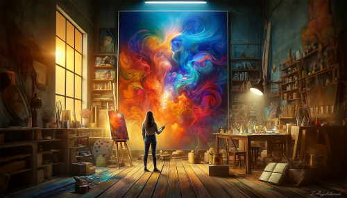 This image depicts a young artist standing before a large canvas, painting with inspiration. Vibrant, abstract figures and colors seem to come to life from the canvas and blend with the artist. Behind them, a cozy art studio is filled with books, brushes, and other creative materials. Soft light illuminates the scene, creating a warm and inspiring atmosphere.