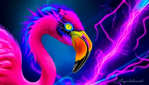 A vibrant, fantastical flamingo bird with striking pink and neon purple1
